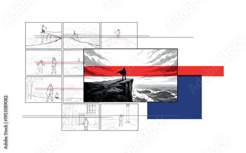 Black and white storyboard panels arranged in grid with central bold image enlarged, bright red diagonal stripe cutting across for emphasis, thin horizontal