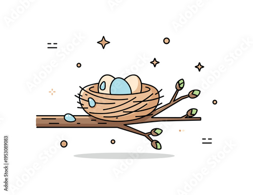 Nest on a tree branch with soft morning dew and small buds, containing eggs, conveying freshness, potential, and natural beauty. Minimalist flat vector