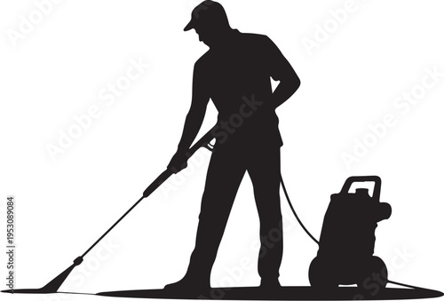 Man in silhouette cleaning floor with pressure washer