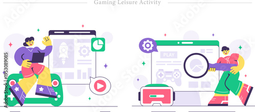 Gaming Leisure Activity Flat Vector Cloud Gaming VR Immersive Entertainment Illustration
