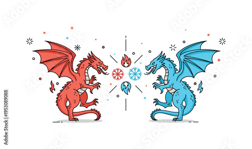 Fire and ice dragons battling shown as opposing elemental creatures with small flame and snowflake icons colliding at the center, expressing contrast and