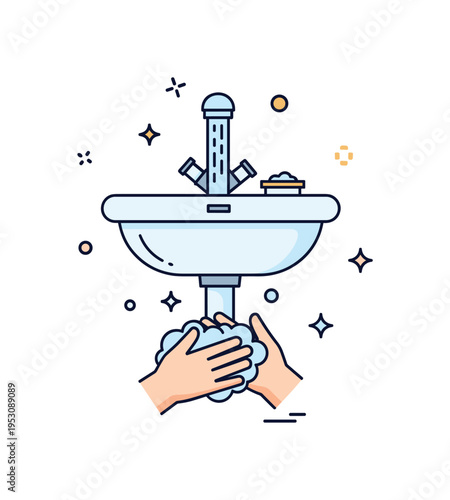 Public restroom hygiene concept illustrated by a clean sink with running water and a pair of soapy hands beneath, accompanied by subtle sparkle accents to