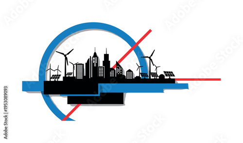 Black and white city skyline with rooftop wind turbines and solar panels simplified into bold shapes, oversized blue circular frame partially enclosing the