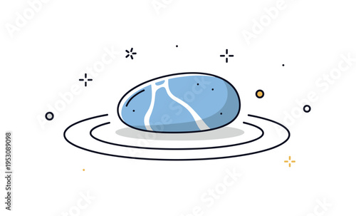 River pebble close up showing a gently textured oval stone with subtle water ripple lines around it. The scene highlights nature, erosion, and the peaceful