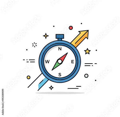 Adventure mindset symbolized by a compass combined with a subtle upward arrow and small star accents. The compact badge style composition