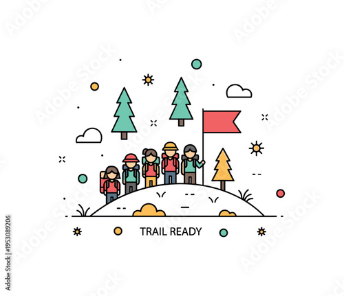 Youth adventure tribe concept featuring a small group of young explorers standing on a hill with a flag planted beside them. Simple pine tree shapes and a