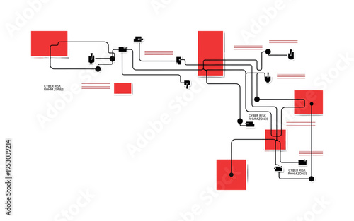 Monochrome top-down view of delivery routes forming interconnected lines between distribution hubs, intersected by bold red geometric blocks and thin