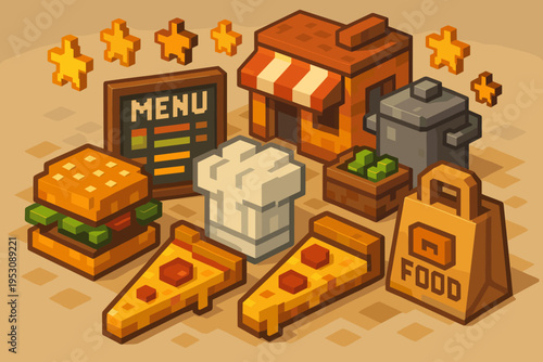 Pixel art isometric food items and restaurant elements arranged on a warm background