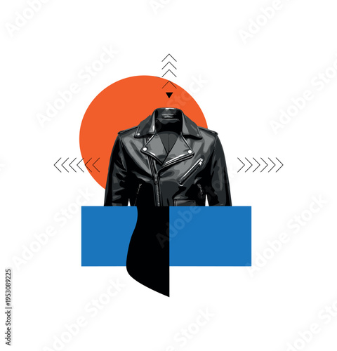 Black and white vintage leather jacket layered over sleek modern silhouette, bold orange circle behind shoulders, blue rectangular block anchoring lower half,