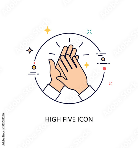 Minimalist high five badge featuring two hands touching framed inside a clean circular emblem with subtle sparkle accents. A subtle ?High Five Icon? text