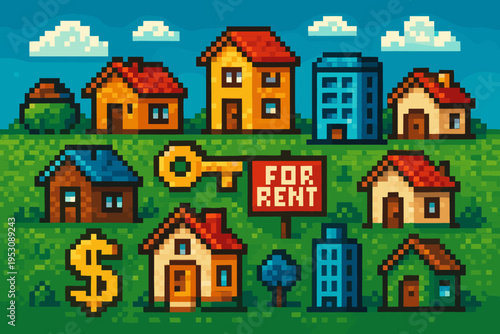 Pixel art collection of houses and buildings for rent with key and dollar sign