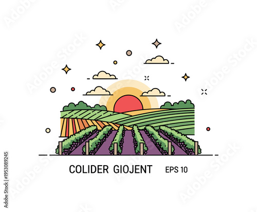 Sunset over grape fields warm sun partially dipping behind rolling hills lined with symmetrical vines. A serene badge style illustration about rural beauty and