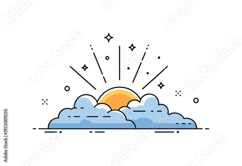 Sunrise peeking through the clouds centered on a warm glowing sun partially hidden behind soft layered clouds, with gentle light rays extending upward to