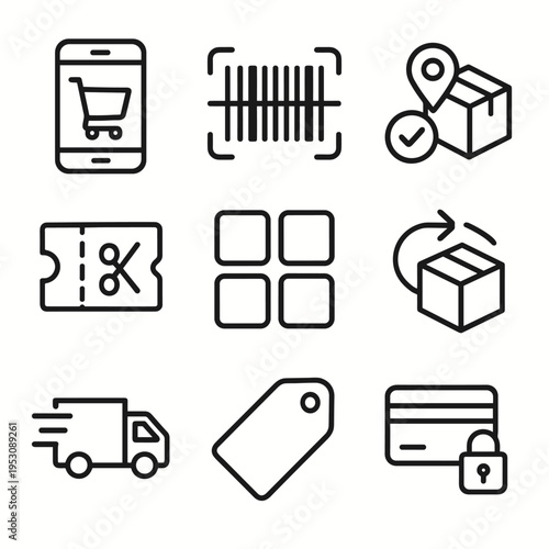 Collection of e-commerce and delivery icons in a clean, modern line art style