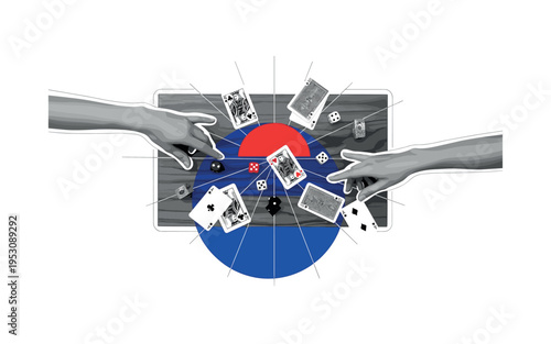 Black and white retro coffee table seen from above with scattered playing cards and dice, two anonymous hands reaching toward the center, bold blue circle