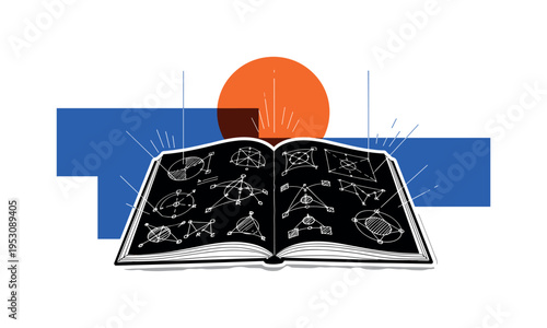 Black and white open notebook with geometric diagrams sketched inside, vibrant orange circle rising behind the pages, cobalt blue rectangular blocks framing
