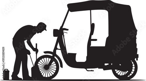 Man inflating tire of tuk with foot pump person silhouette