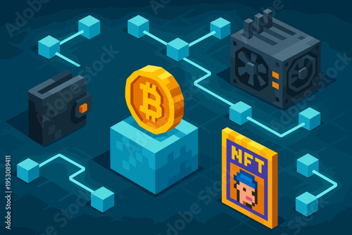 Blockchain technology with Bitcoin, NFT, wallet, and mining hardware in isometric view