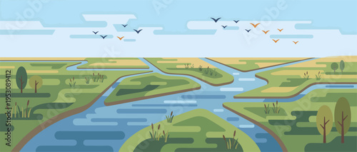 A serene landscape featuring a winding river through green fields and trees under a blue sky with flying birds icon