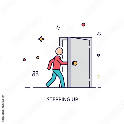 Successor identity concept featuring a single figure stepping forward from behind a symbolic doorway. A small ?Stepping Up? caption and gentle decorative dots