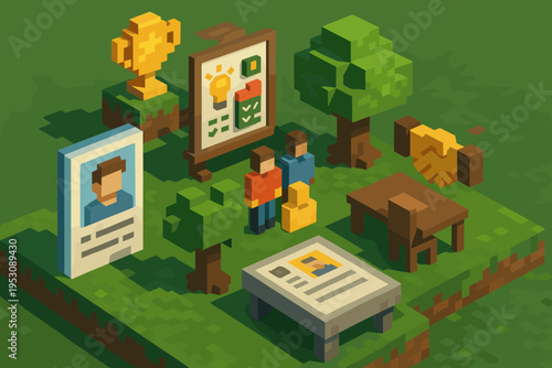 Pixelated business scene with people, trophy, and presentation board