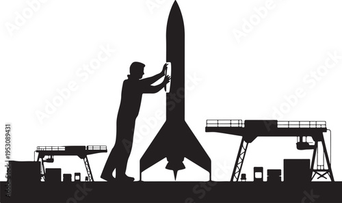 Man in silhouette working on rocket spacecraft launchpad