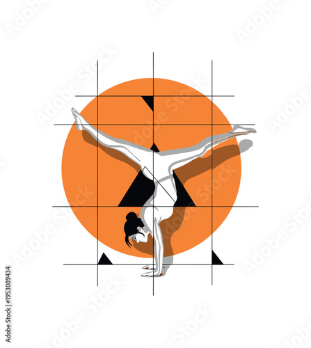 Conceptual strength and balance theme featuring monochrome cut-out of a handstand pose layered over a large orange circle and thin black grid structure, subtle