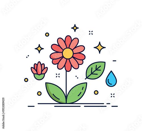 Sustainable floriculture practice depicted through a flower combined with a small leaf and water droplet icon, expressing eco friendly cultivation methods. The