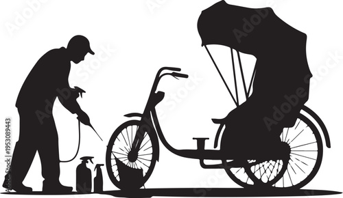 Man inflating tricycle tire with air hose and spray cans