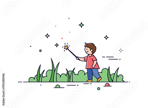 Outdoor imagination play showing a child with a stick as a magic wand while small sparkles and stars appear in the air. Rounded grass shapes and soft motion