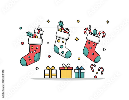 Stockings and small surprises decorated stockings hanging above a few small wrapped presents, one stocking spilling out candy cane shapes. A charming editorial