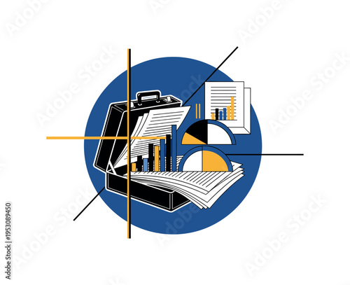 Black and white briefcase opening with documents inside, papers transforming into abstract bar charts and semicircular graphs, bold flat circle behind as focal