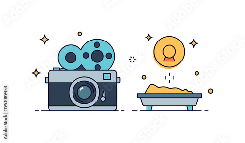 Darkroom photography process symbolized by a film camera paired with a small developing tray and gentle light safe icon. A balanced editorial concept about