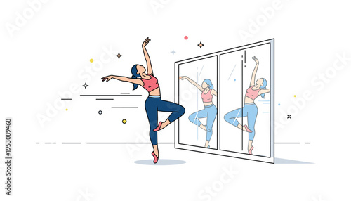 Dance studio rehearsal scene featuring a slender dancer mid-pose with mirrored wall reflections behind. Gentle motion lines and tiny sparkle accents emphasize