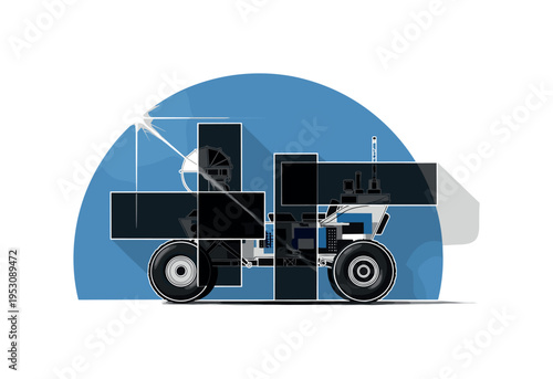 A realistic monochrome moon rover viewed from side profile, layered with a large blue semicircle and abstract rectangular blocks intersecting the wheels,