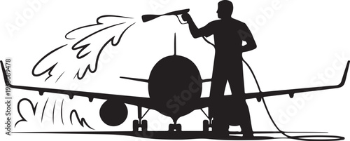 Man power washing airplane silhouette power washer