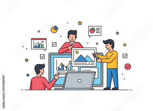 Team member arranging graphs and images on a laptop screen, with small icons of charts and checkmarks around, conveying collaboration and effective