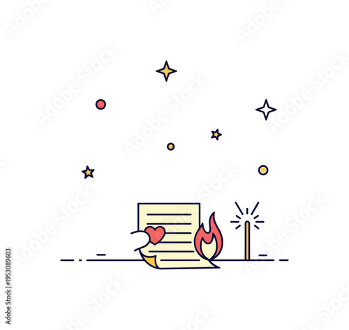 Secret confession note small handwritten page igniting at the bottom edge, tiny spark icon marking a decisive moment. A compact visual metaphor for hidden