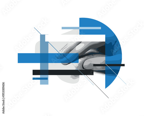 Monochrome close-up of hand touching organic cotton fabric texture, intersected by a large blue semicircle and abstract rectangular blocks suggesting