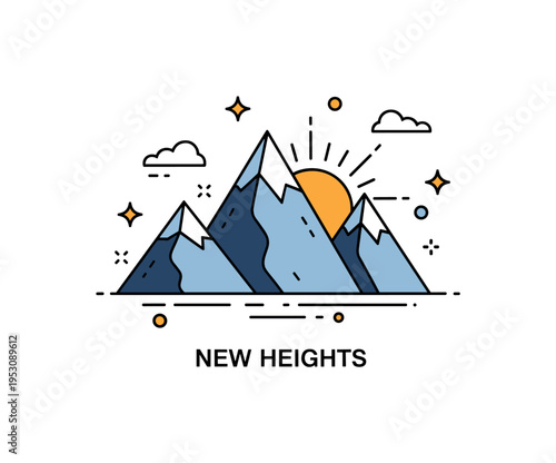 Mountain sunrise scene featuring bold triangular peaks with a bright sun emerging from behind. Subtle motion curves and a concise ?New Heights? text accent