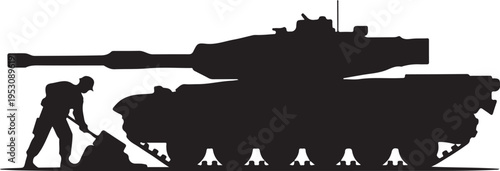 Man shoveling dirt next to military tank silhouette