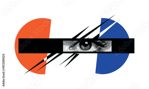 Black and white eye staring through a horizontal black bar across the face, bold orange and cobalt blue flat semicircles framing the composition, sharp