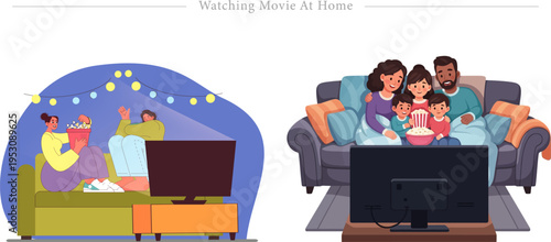 Watching Movie At Home Flat Vector Cozy Family Film Night Living Room Illustration