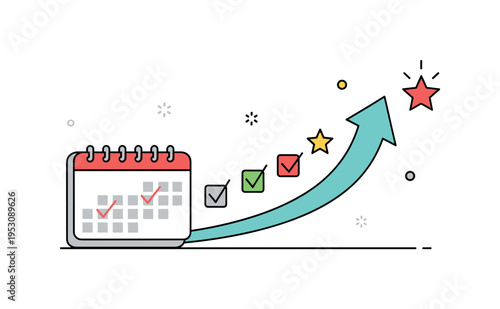 Habit tracking and performance growth illustrated by a small calendar with checkmarks transforming into an upward arrow and star accent, expressing consistent