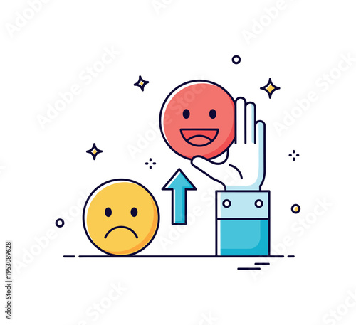 Cheering up gesture smiling face icon gently lifting another smaller sad face with an upward arrow between them, symbolizing emotional support and