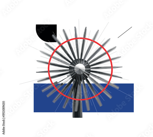 Black and white turbine viewed from below with blades stretching outward dramatically, bright red circular frame intersecting the spinning hub, deep blue