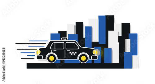 A monochrome taxi cab driving through abstract geometric city blocks, bold circular headlights glowing as flat color accents, thin diagonal lines suggesting