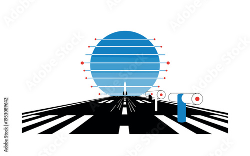 Black and white runway perspective lines leading toward a distant rocket, large flat blue circle intersected by thin horizontal bars like atmospheric layers,