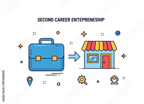 Second career entrepreneurship concept centered on a briefcase transforming into a small shop icon, expressing transition from long term employment to personal