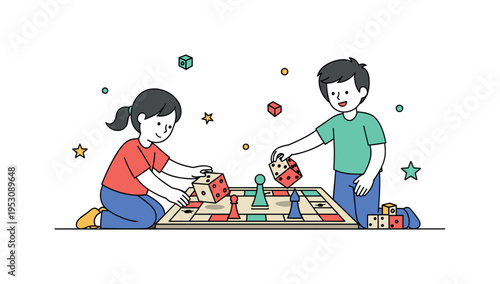 Children rolling dice and moving pieces in a board game, showing engagement, learning turn-taking, and the excitement of interactive play. Minimalist flat